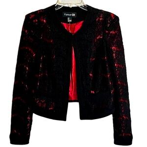 Forever 21 Lace Cropped Jacket Black Red Women’s Size S Coquette Feminine NWT